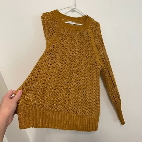 AMERICAN EAGLE Mustard Yellow Golden White Open Knit Chunky Oversized Sweater M - Picture 7 of 12